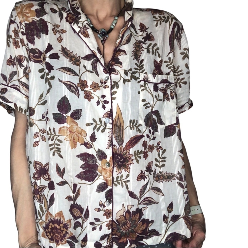 Rachel Zoe Organic Cotton Sz L Button Down Blouse Top Earthtone Floral 70's Boho
